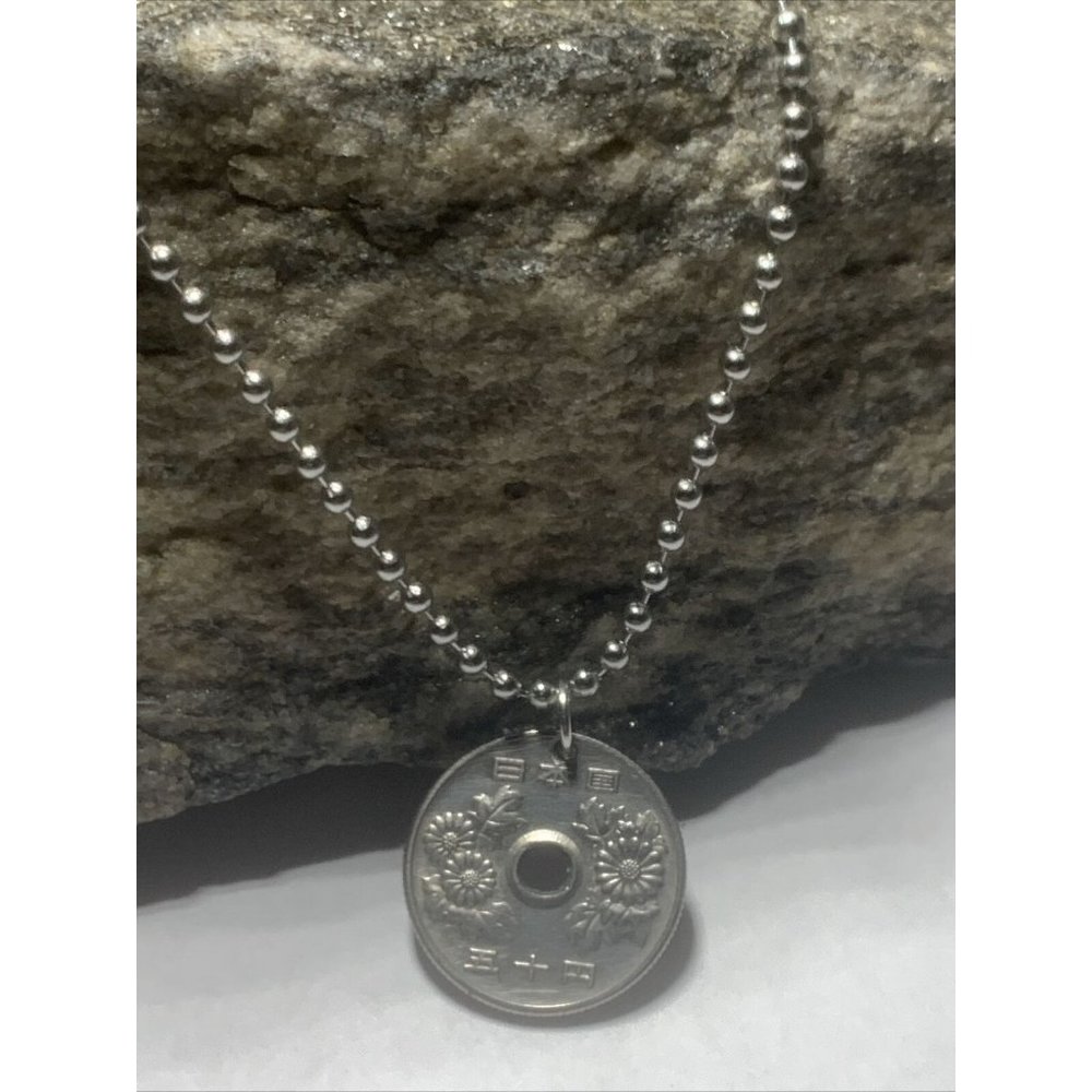 Japan Japanese 50 Yen Coin Pendant on Military Style Stainless Steel Chain.